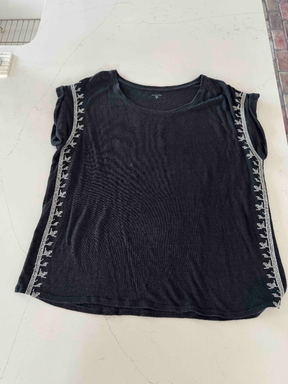 Garnet Hill Black/Beige Organic-Linen Embroidered Tee Sz XL